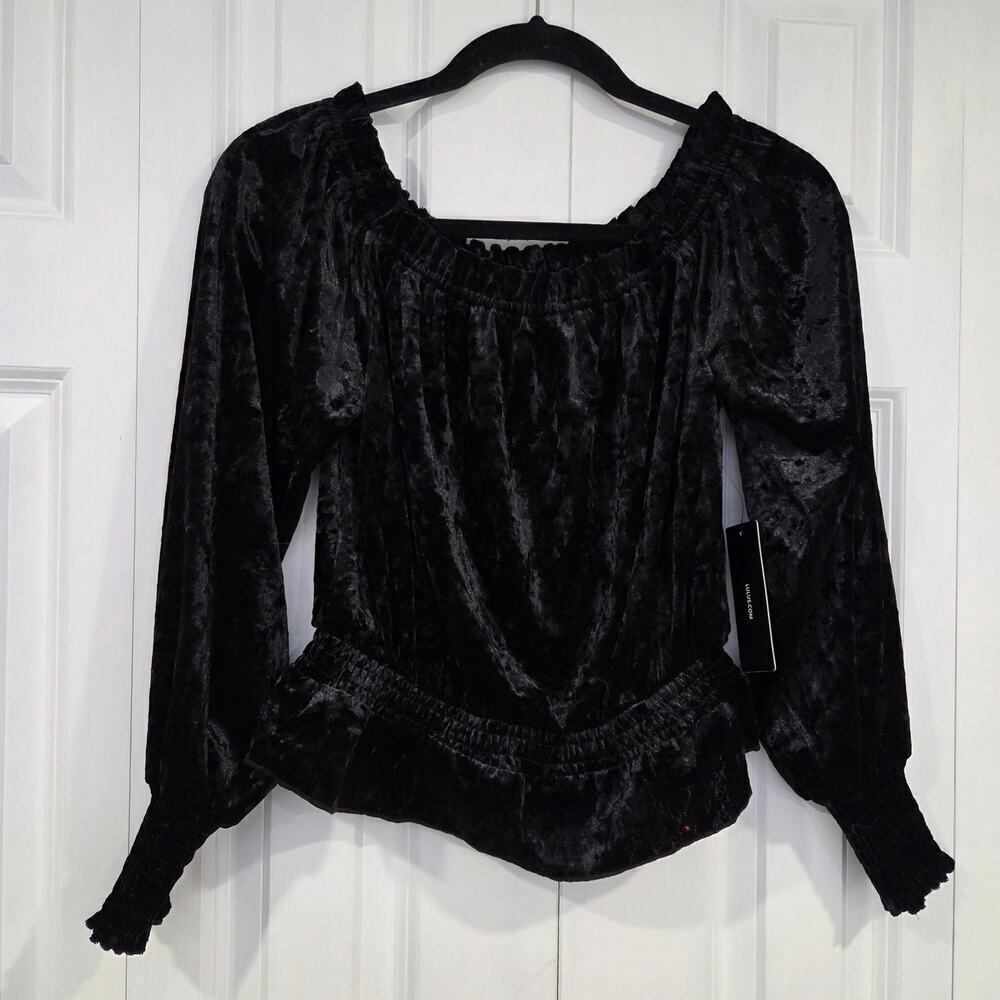 Lulus Black Velvet Burnout Crop Long Sleeve XS Scoop Neck